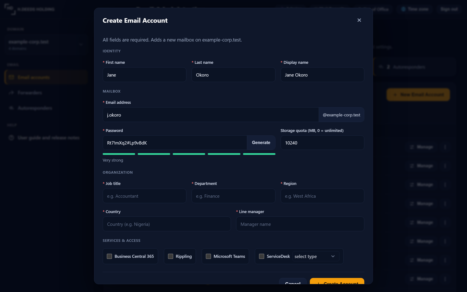 The Create Email Account dialog with the password strength bar.