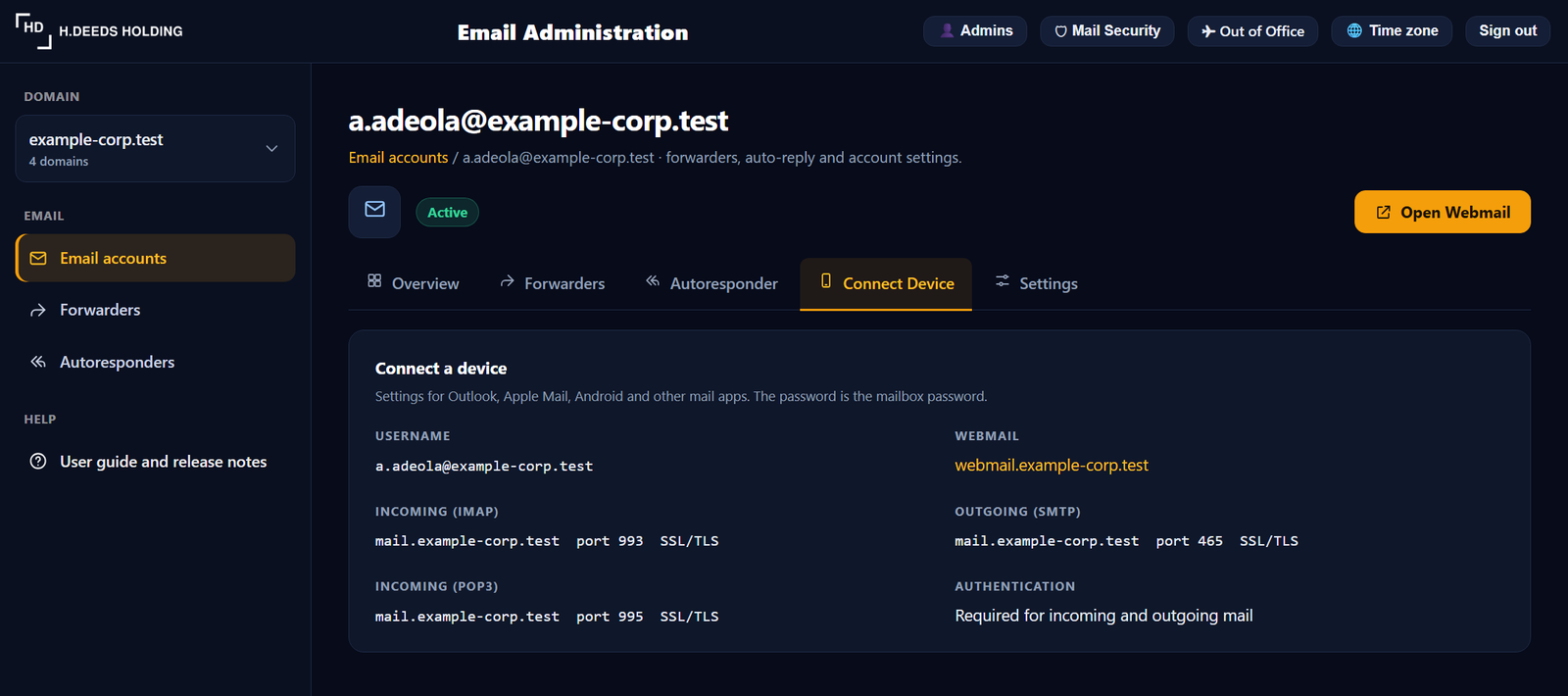 Connect Device: the settings to give the user for a mail app.