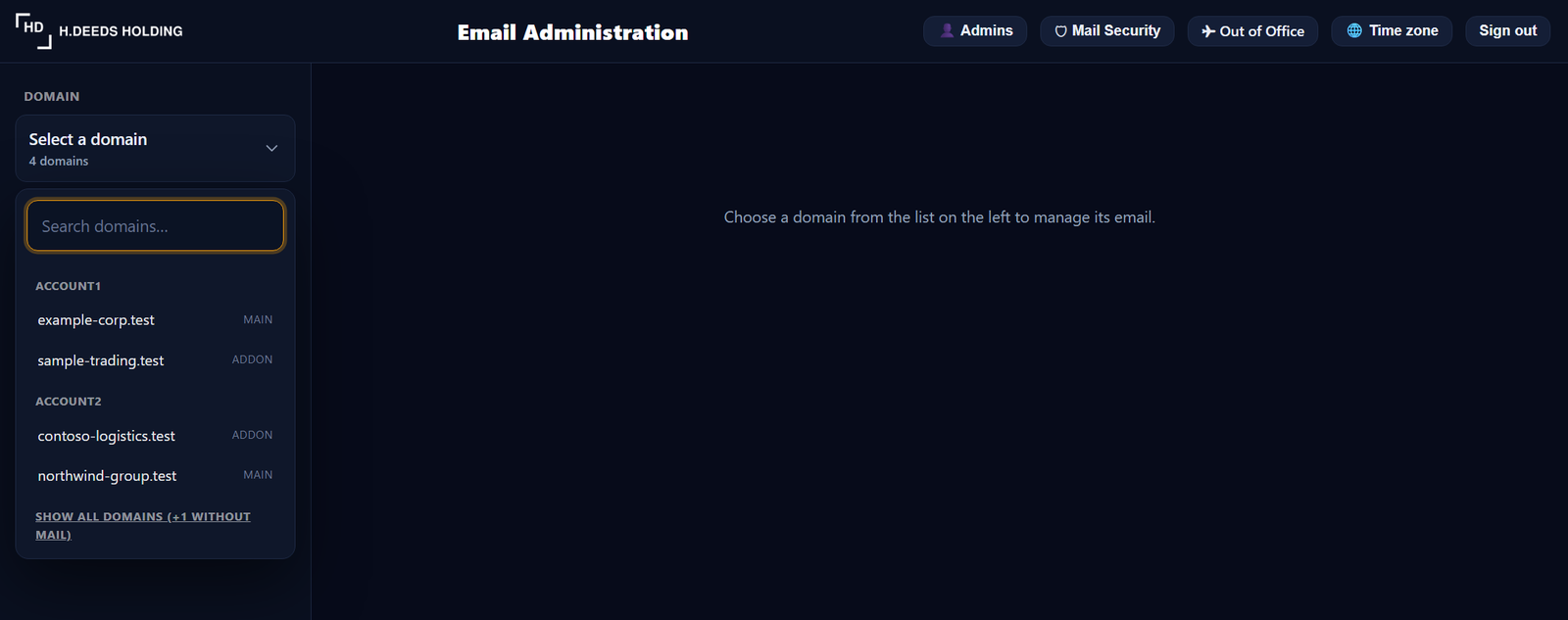 The Domain box open, with search and the domains grouped by hosting account.
