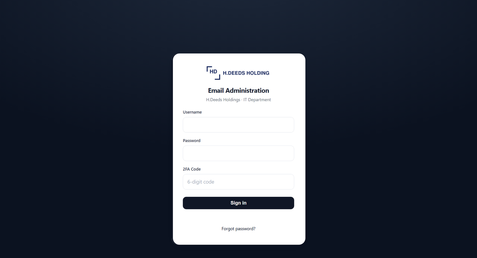 The sign-in screen: username, password and the 6-digit 2FA code.