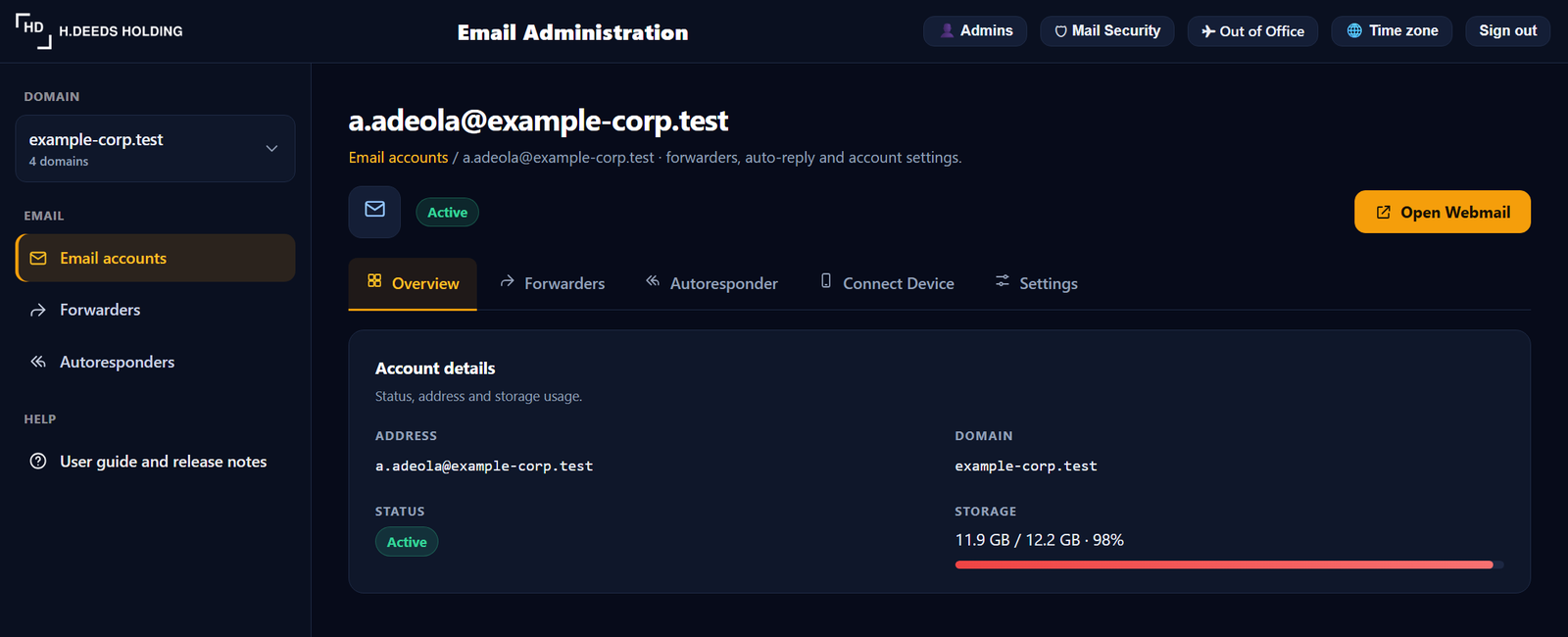 One account, Overview tab: address, domain, status and storage.
