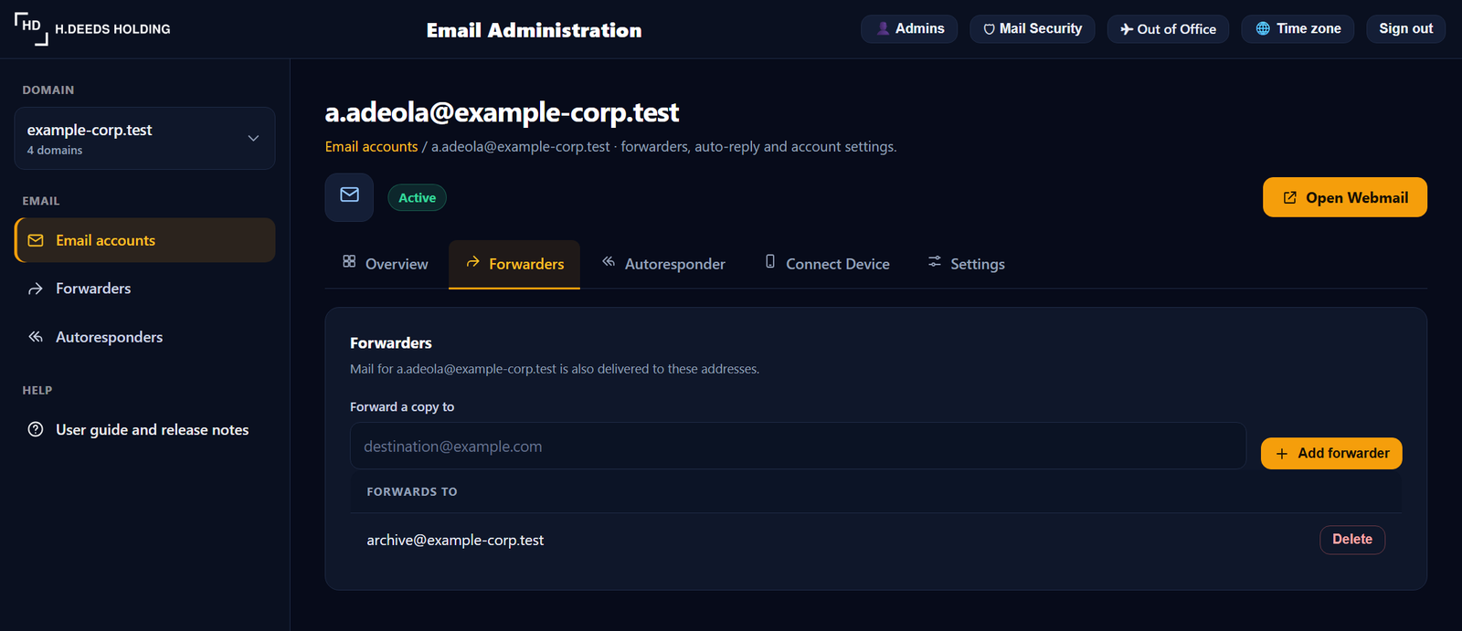 Forwarders tab for one account.