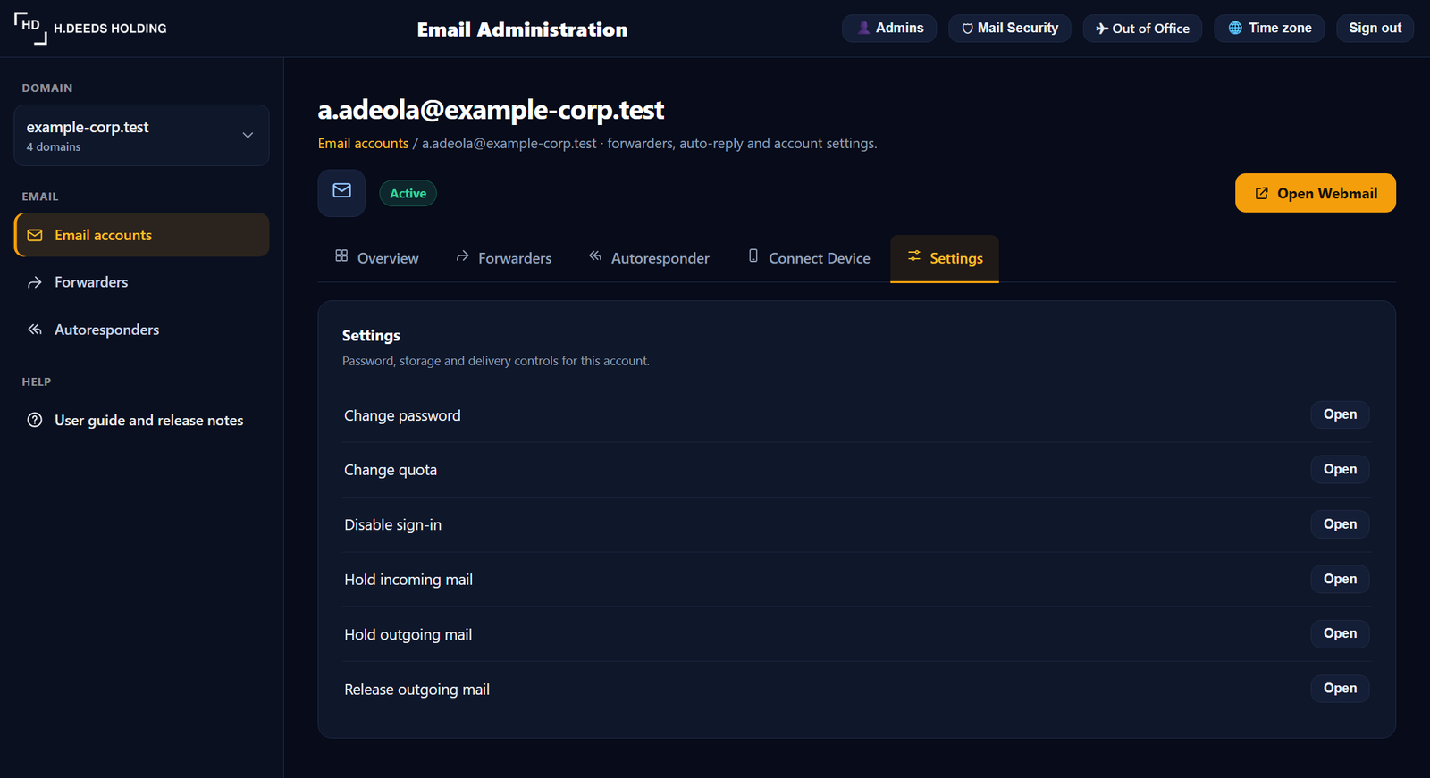 Settings: password, quota and delivery controls.
